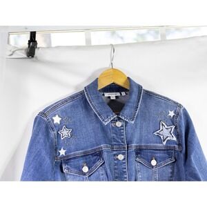 Chicos Denim Jacket Womens 3 XL Blue Star Americana Embroidered Trucker Stretch